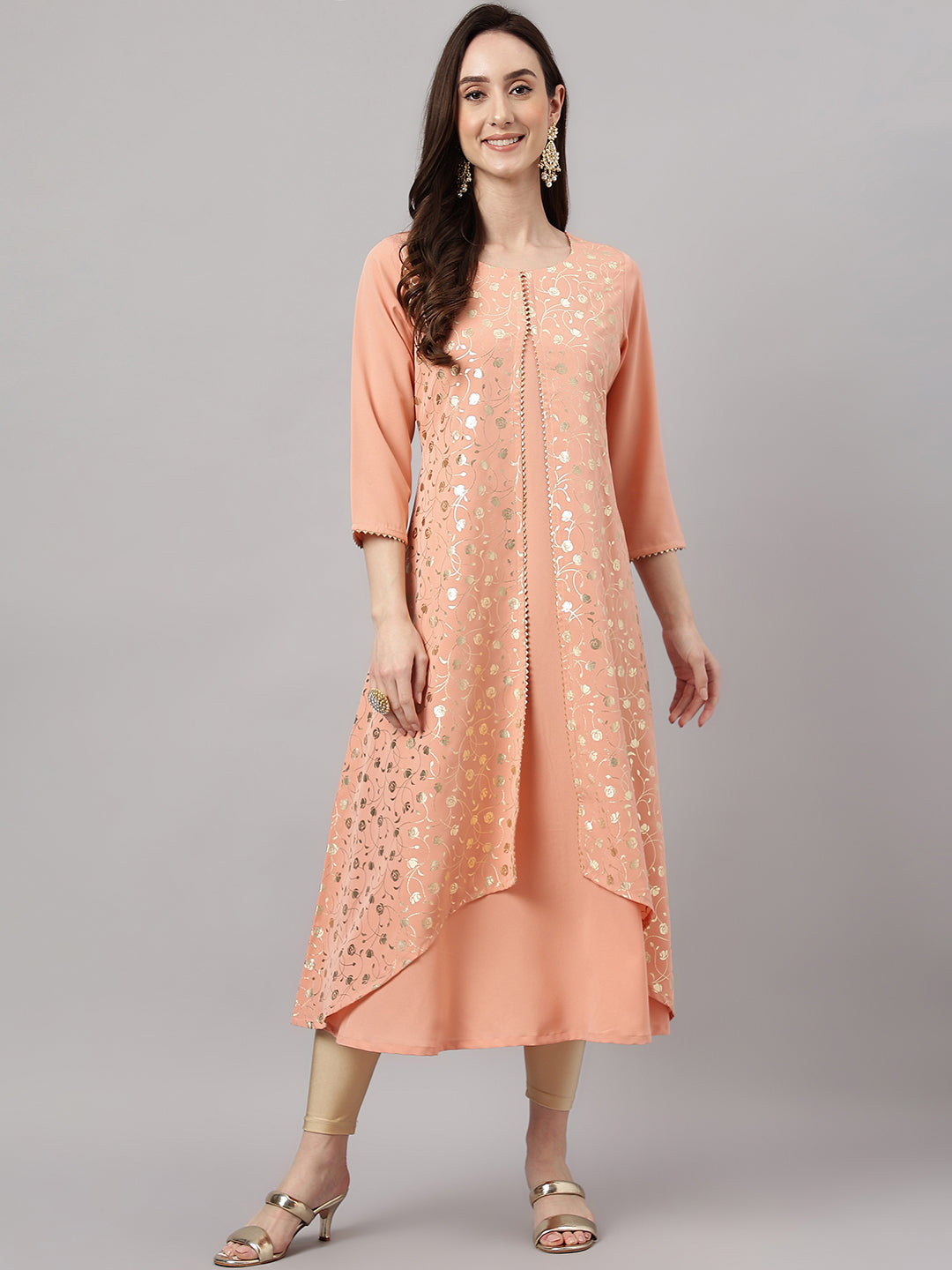 Janasya Women's Peach Crepe Foil Printed Casual Frontslit Kurta | Swadesiicart