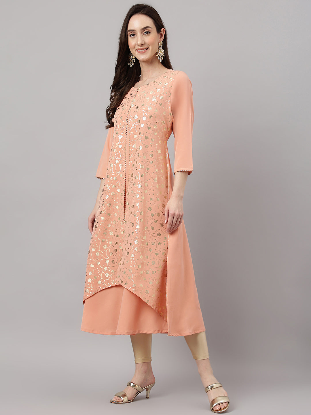 Janasya Women's Peach Crepe Foil Printed Casual Frontslit Kurta | Swadesiicart