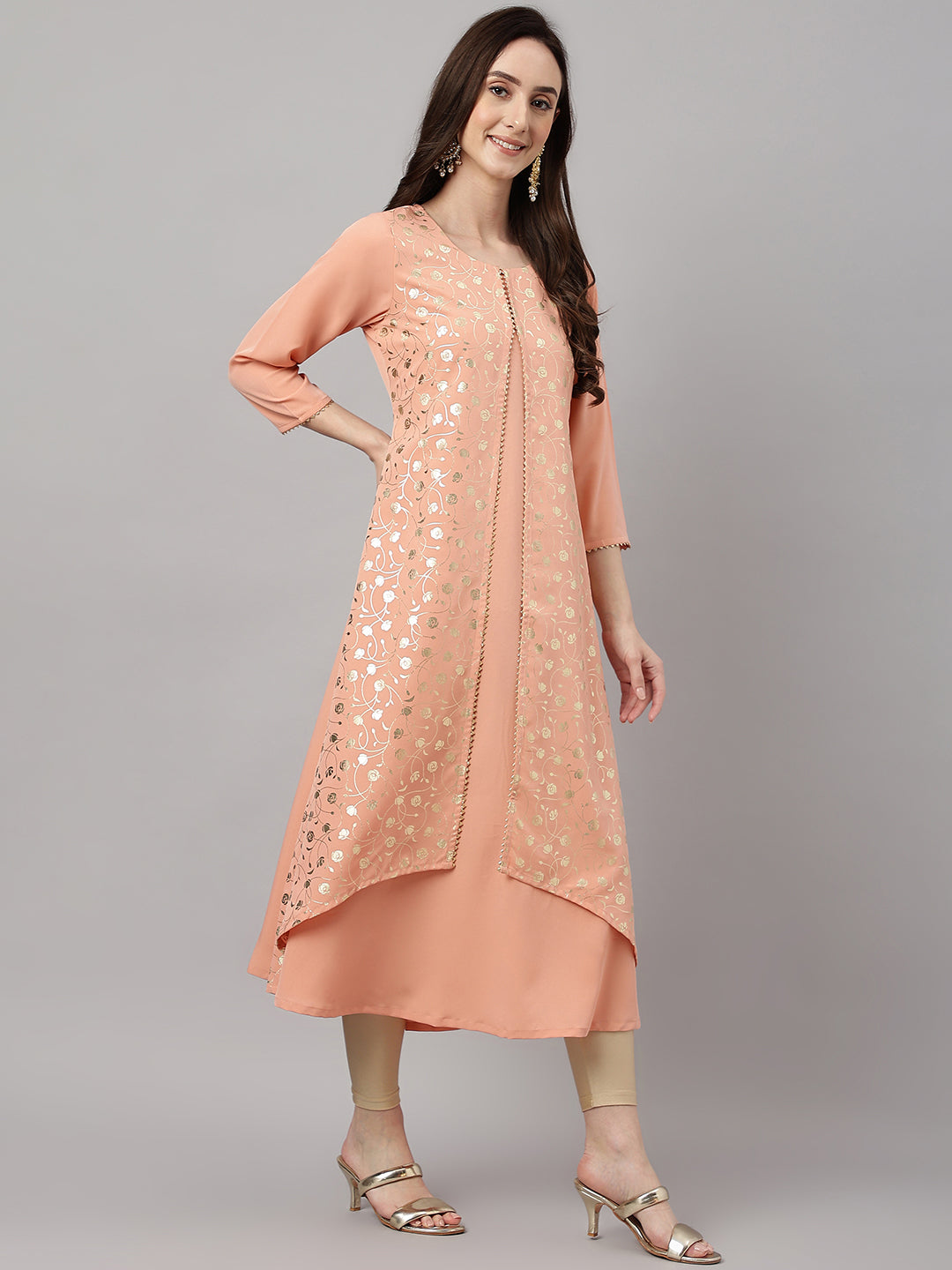 Janasya Women's Peach Crepe Foil Printed Casual Frontslit Kurta | Swadesiicart