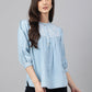 Janasya Women's Light Blue Denim Embroidered Flared Top | Swadesiicart