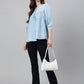 Janasya Women's Light Blue Denim Embroidered Flared Top | Swadesiicart