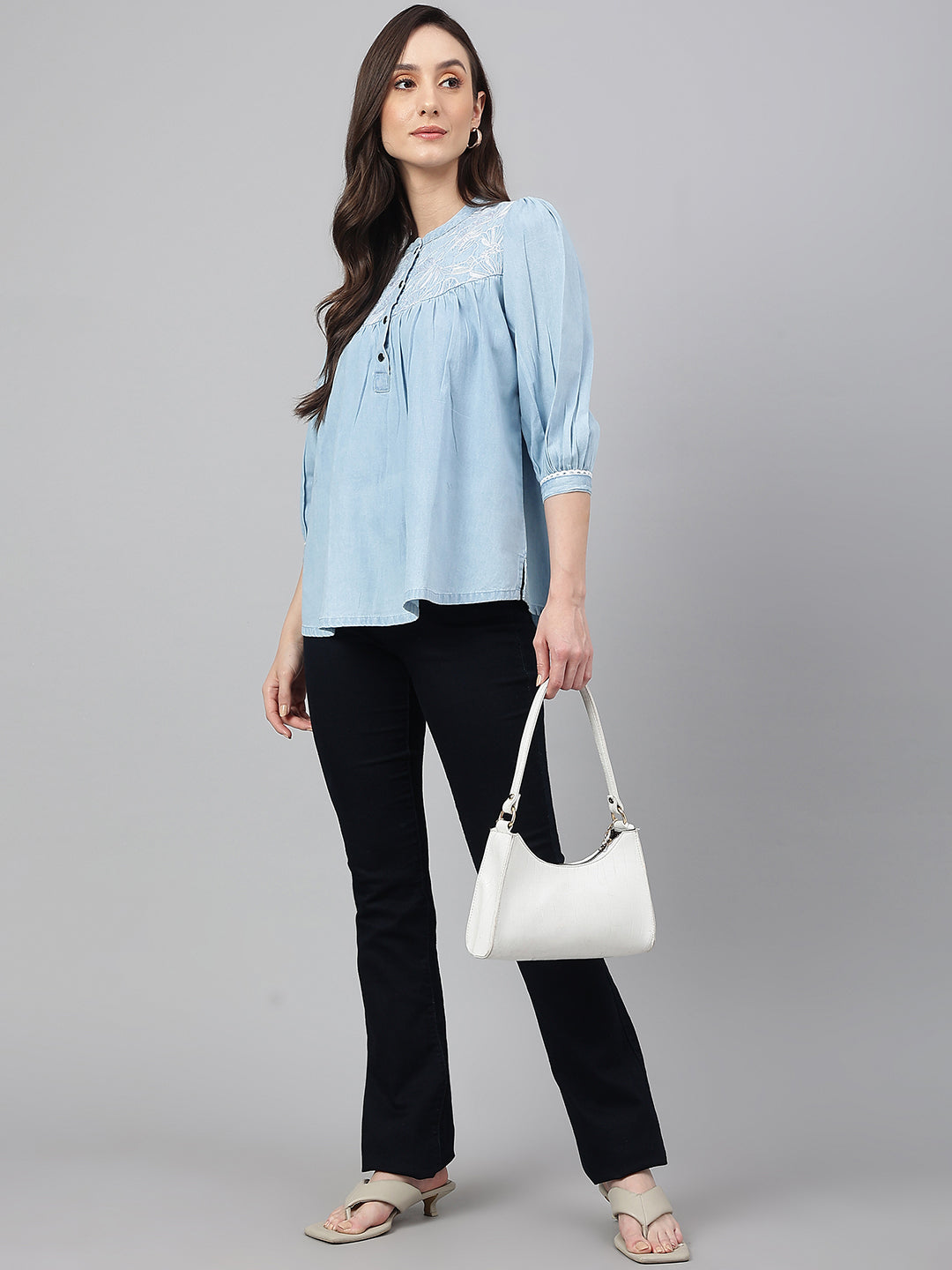 Janasya Women's Light Blue Denim Embroidered Flared Top | Swadesiicart