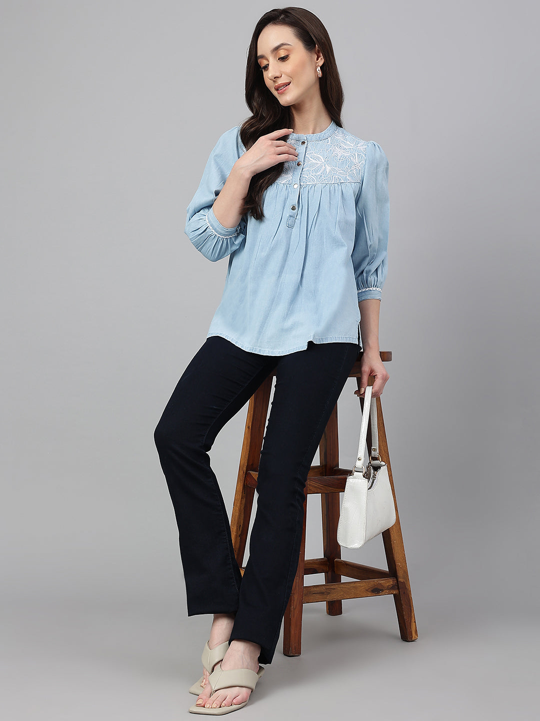 Janasya Women's Light Blue Denim Embroidered Flared Top | Swadesiicart