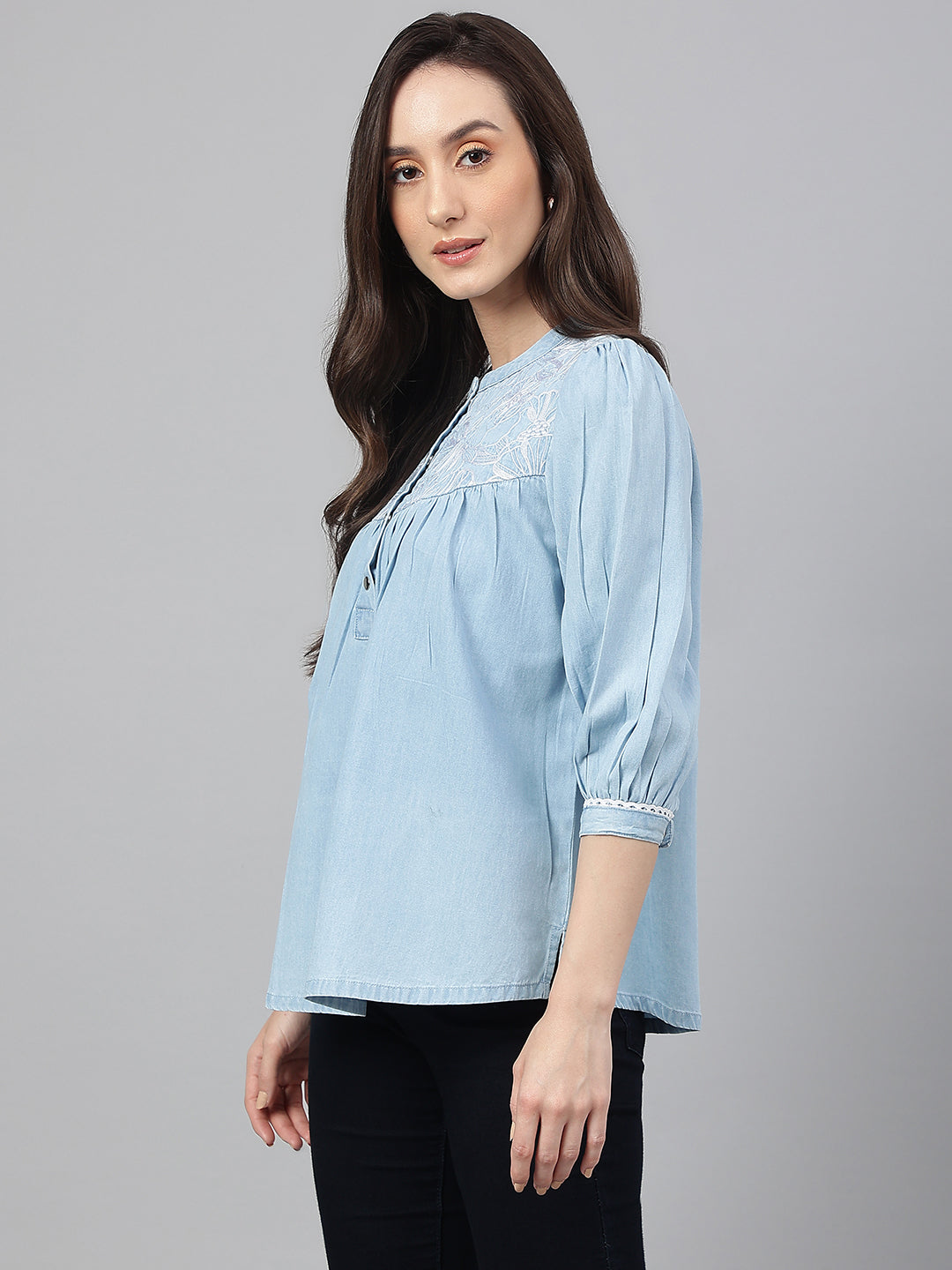 Janasya Women's Light Blue Denim Embroidered Flared Top | Swadesiicart