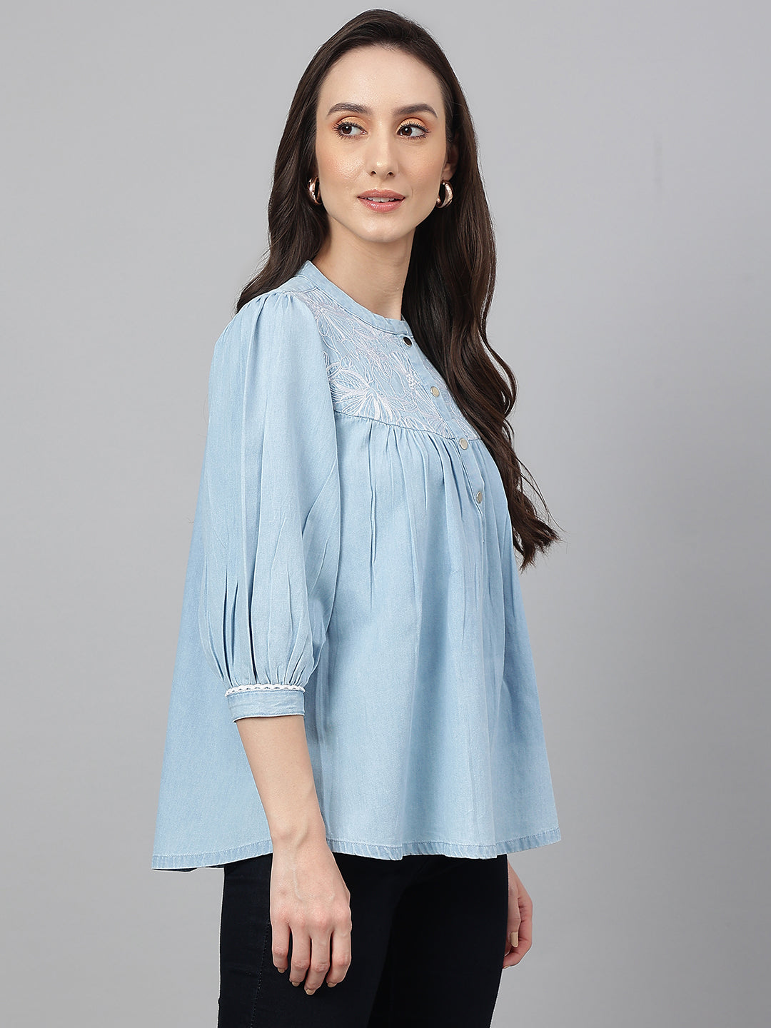 Janasya Women's Light Blue Denim Embroidered Flared Top | Swadesiicart