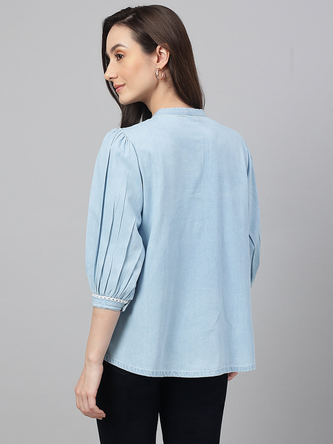 Janasya Women's Light Blue Denim Embroidered Flared Top | Swadesiicart