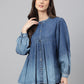 Janasya Women's Blue Denim Faded Flared Top | Swadesiicart