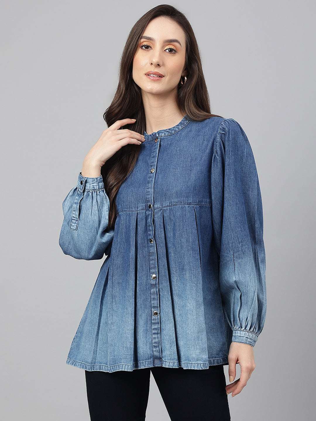 Janasya Women's Blue Denim Faded Flared Top | Swadesiicart