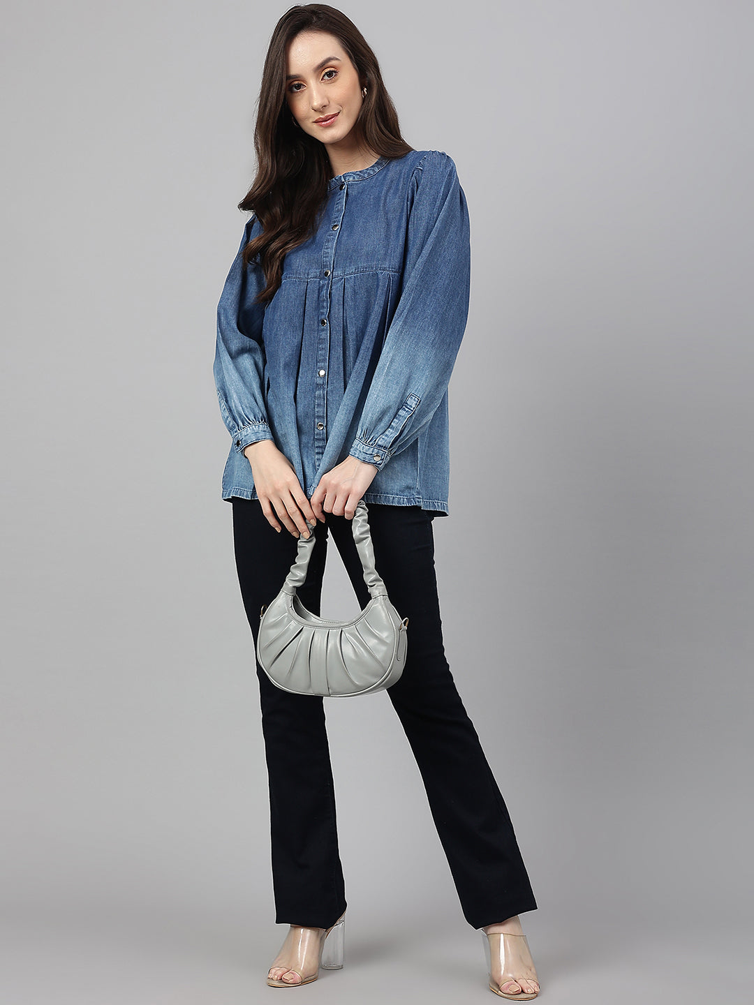 Janasya Women's Blue Denim Faded Flared Top | Swadesiicart