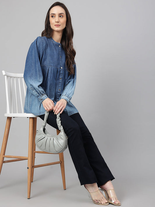 Janasya Women's Blue Denim Faded Flared Top | Swadesiicart