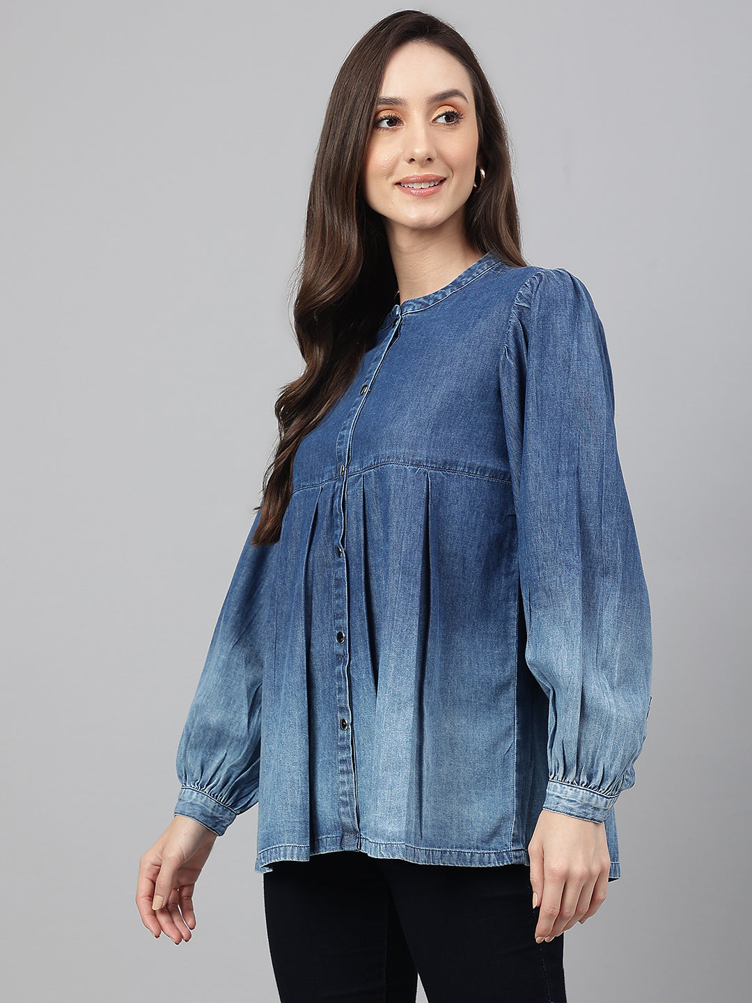 Janasya Women's Blue Denim Faded Flared Top | Swadesiicart