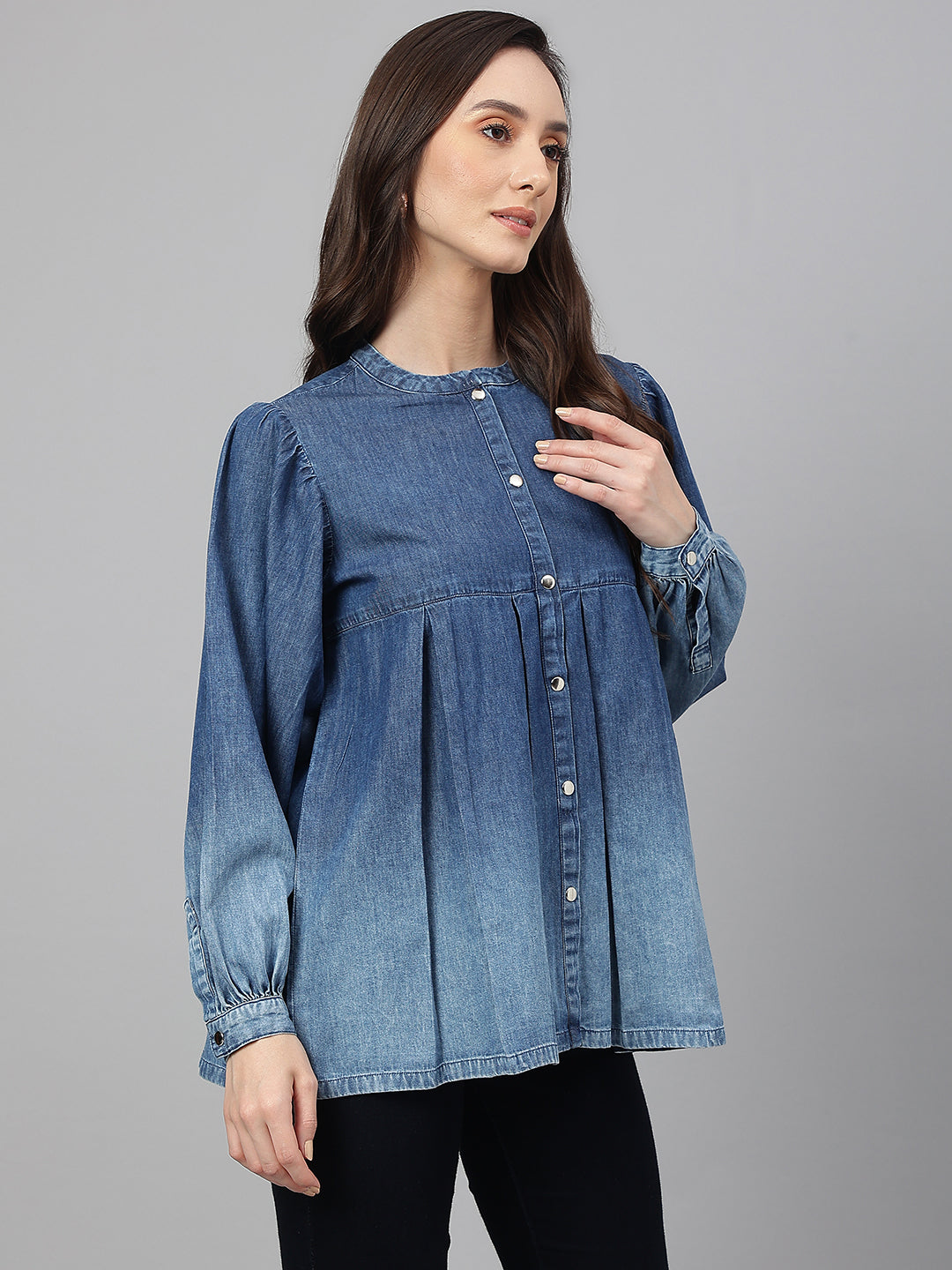 Janasya Women's Blue Denim Faded Flared Top | Swadesiicart