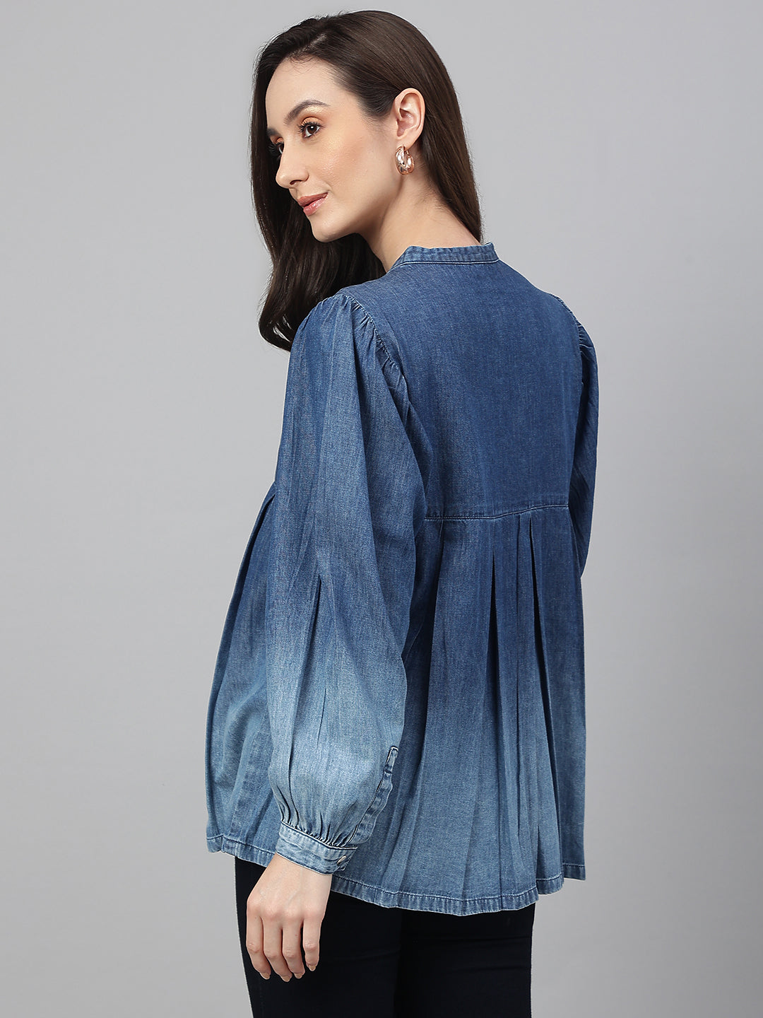 Janasya Women's Blue Denim Faded Flared Top | Swadesiicart