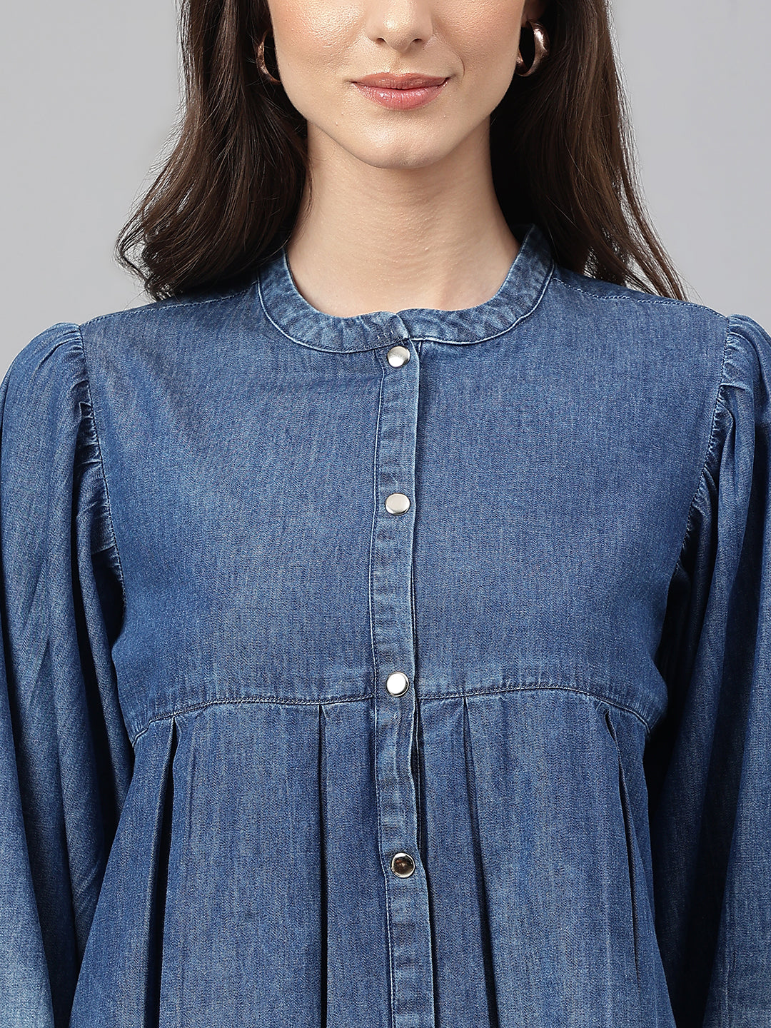 Janasya Women's Blue Denim Faded Flared Top | Swadesiicart