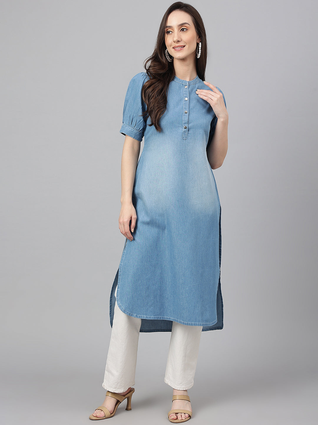 Janasya Women's Light Blue Denim Solid Casual High Low Kurta - Swadesiicart