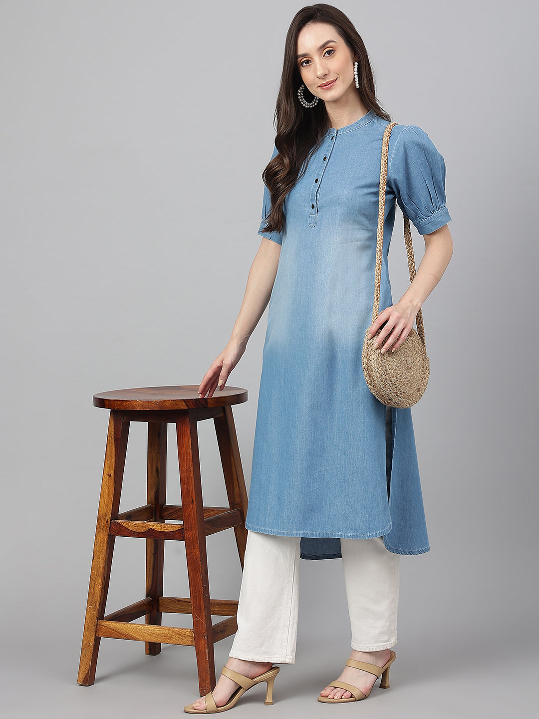 Janasya Women's Light Blue Denim Solid Casual High Low Kurta - Swadesiicart
