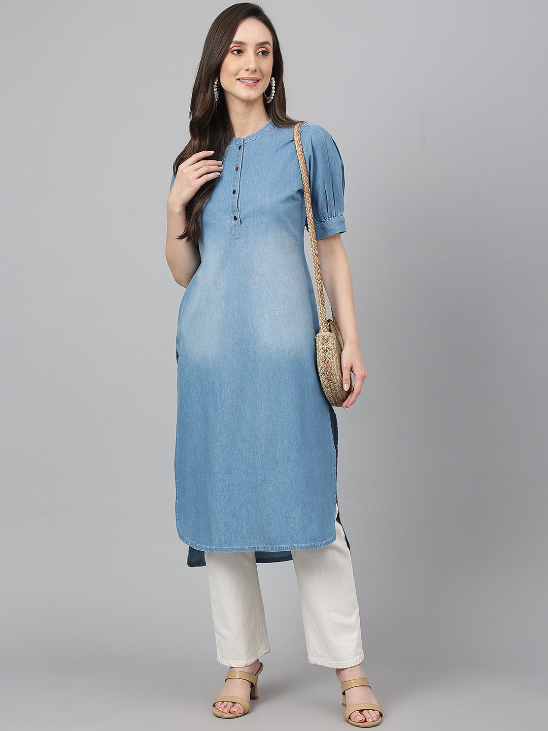 Janasya Women's Light Blue Denim Solid Casual High Low Kurta - Swadesiicart