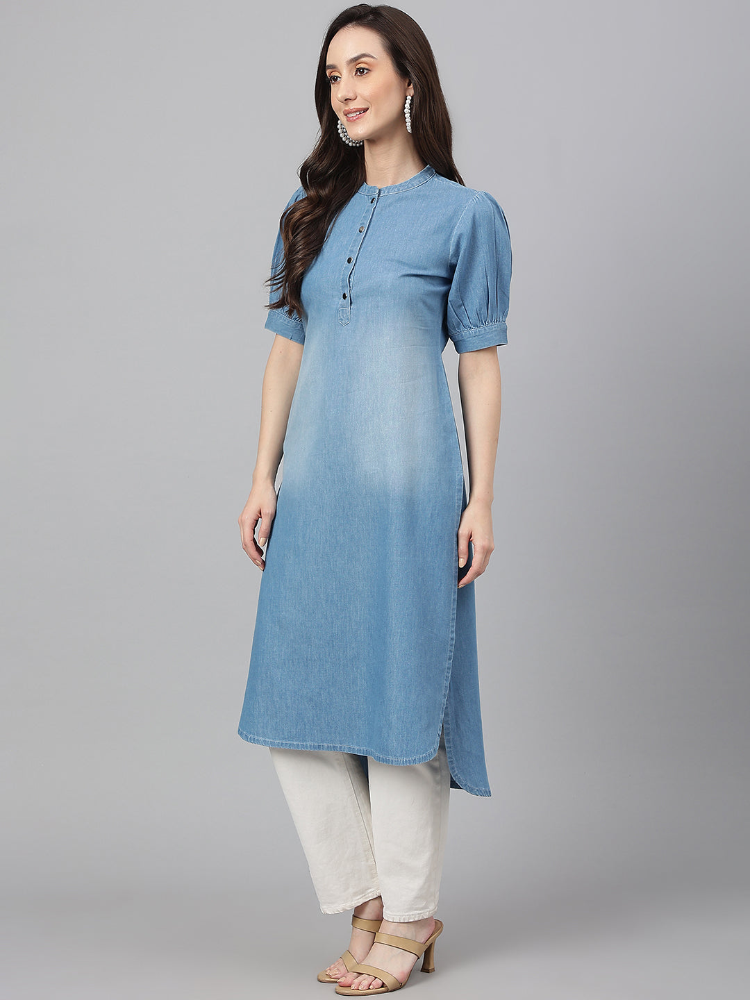 Janasya Women's Light Blue Denim Solid Casual High Low Kurta - Swadesiicart