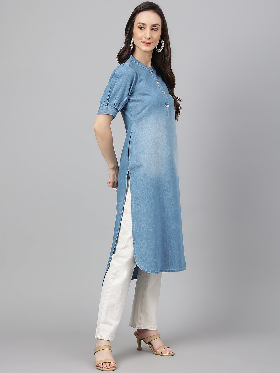 Janasya Women's Light Blue Denim Solid Casual High Low Kurta - Swadesiicart
