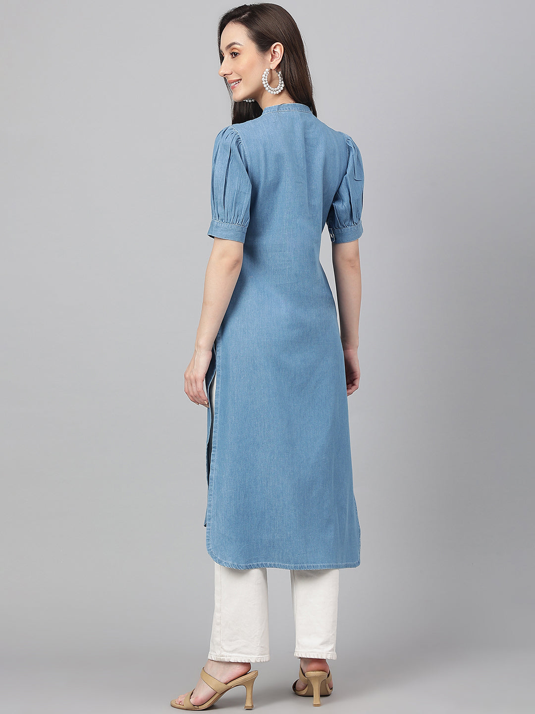 Janasya Women's Light Blue Denim Solid Casual High Low Kurta - Swadesiicart