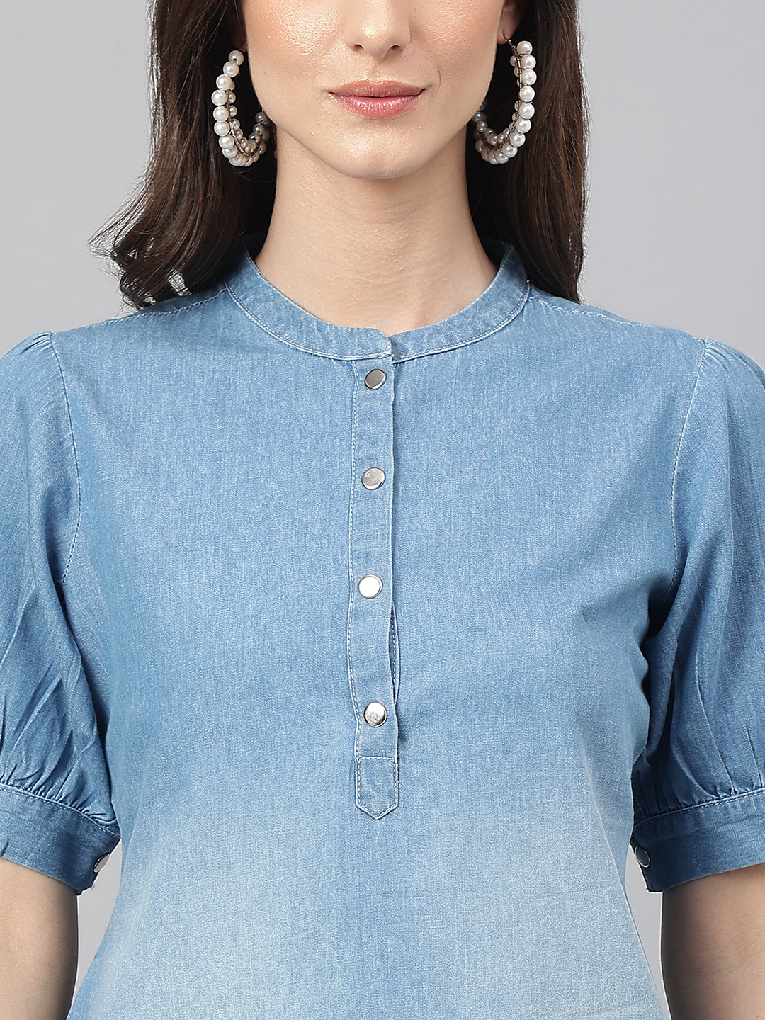 Janasya Women's Light Blue Denim Solid Casual High Low Kurta - Swadesiicart