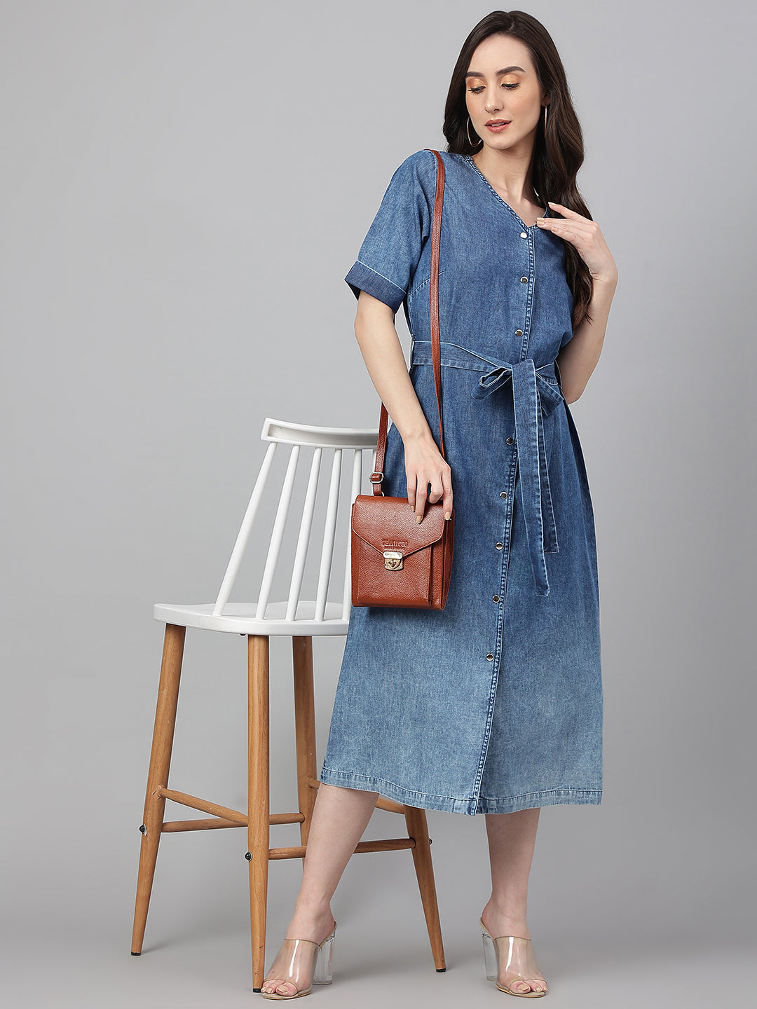 Janasya Women's Blue Denim Solid Straight Western Dress | Swadesiicart