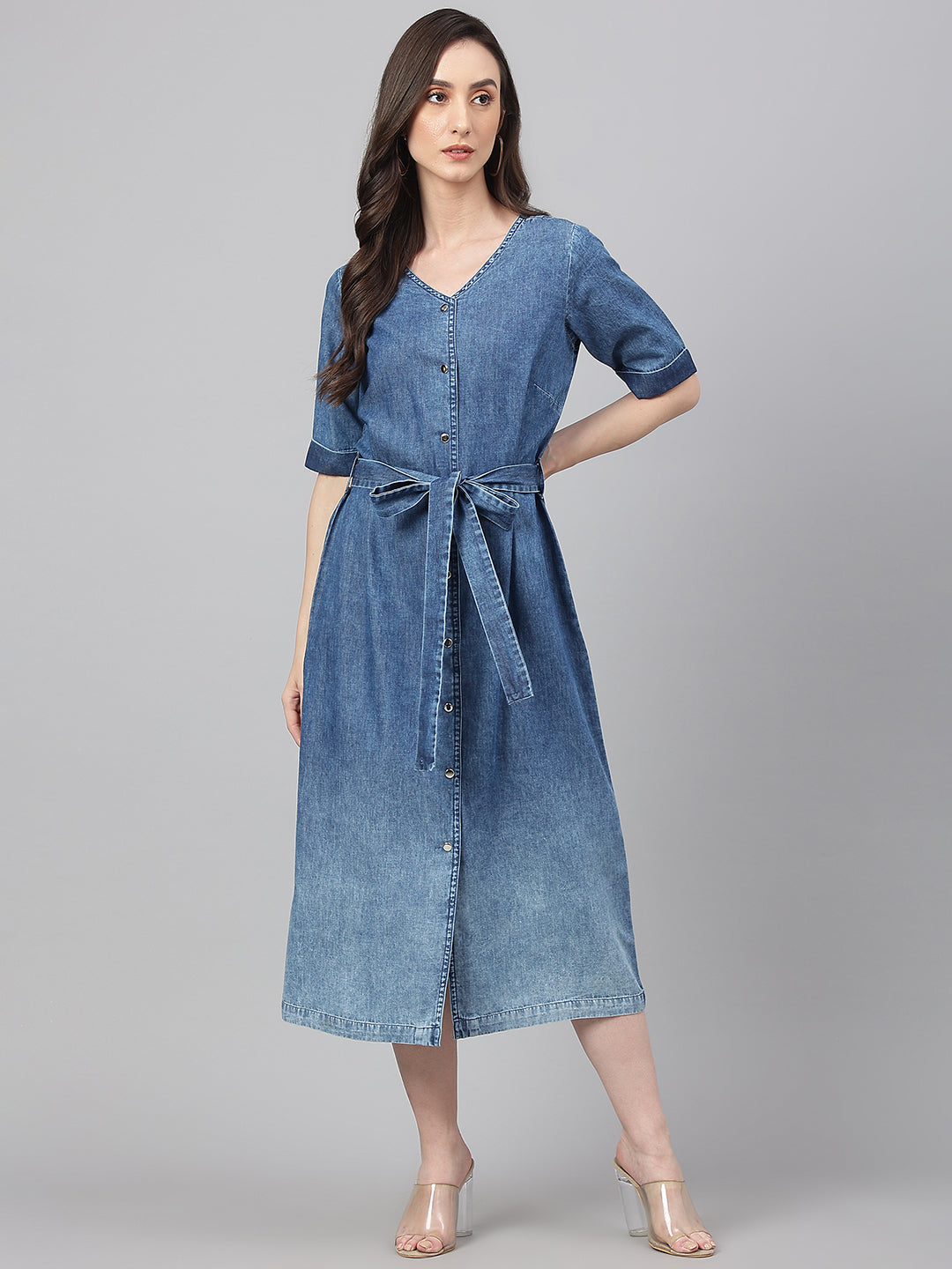 Janasya Women's Blue Denim Solid Straight Western Dress | Swadesiicart