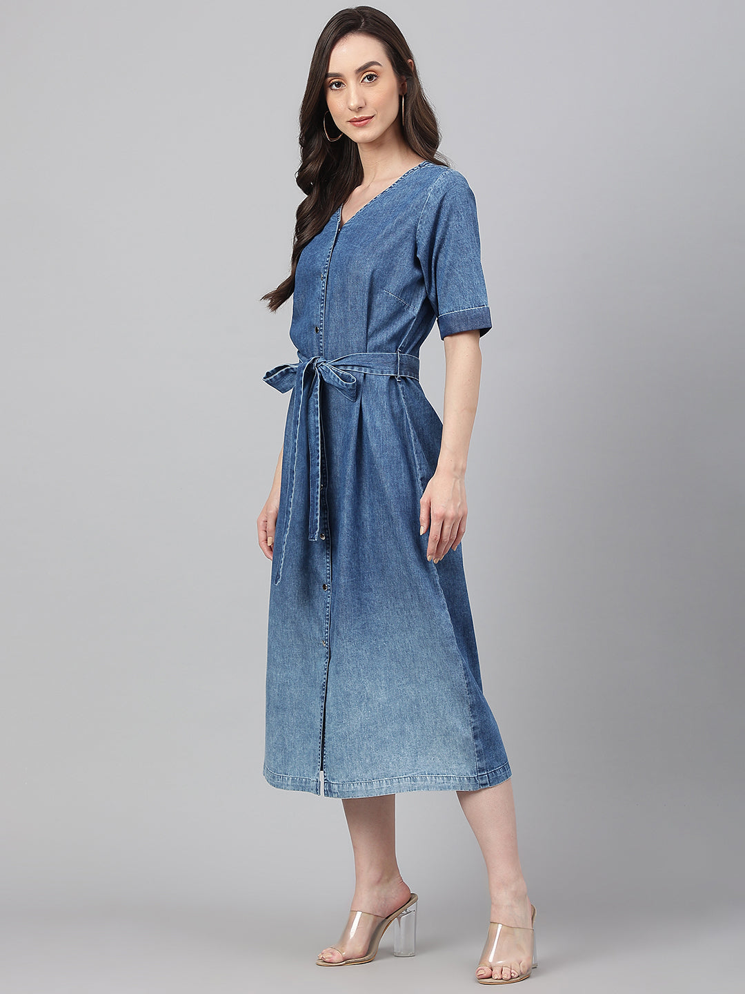 Janasya Women's Blue Denim Solid Straight Western Dress | Swadesiicart