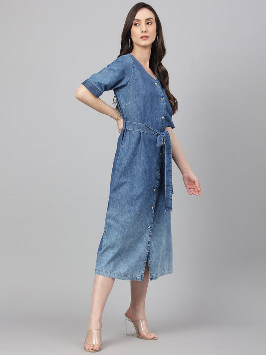 Janasya Women's Blue Denim Solid Straight Western Dress | Swadesiicart