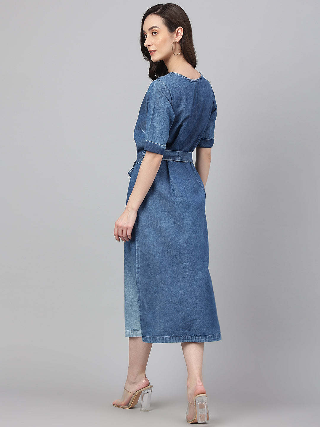 Janasya Women's Blue Denim Solid Straight Western Dress | Swadesiicart