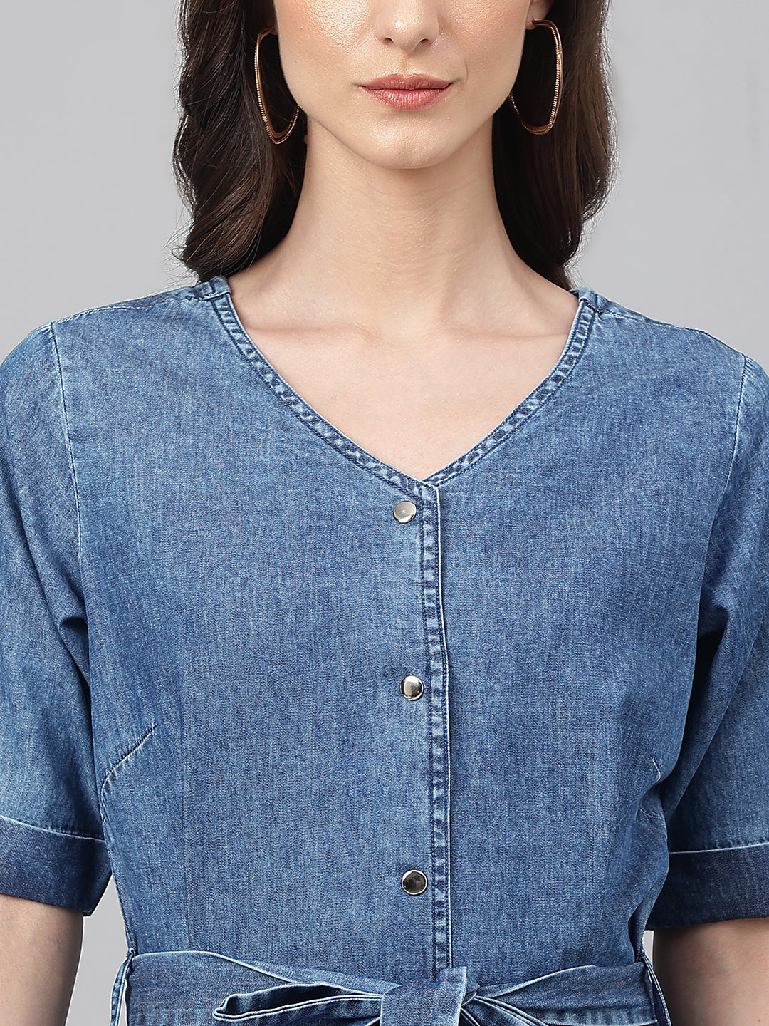Janasya Women's Blue Denim Solid Straight Western Dress | Swadesiicart