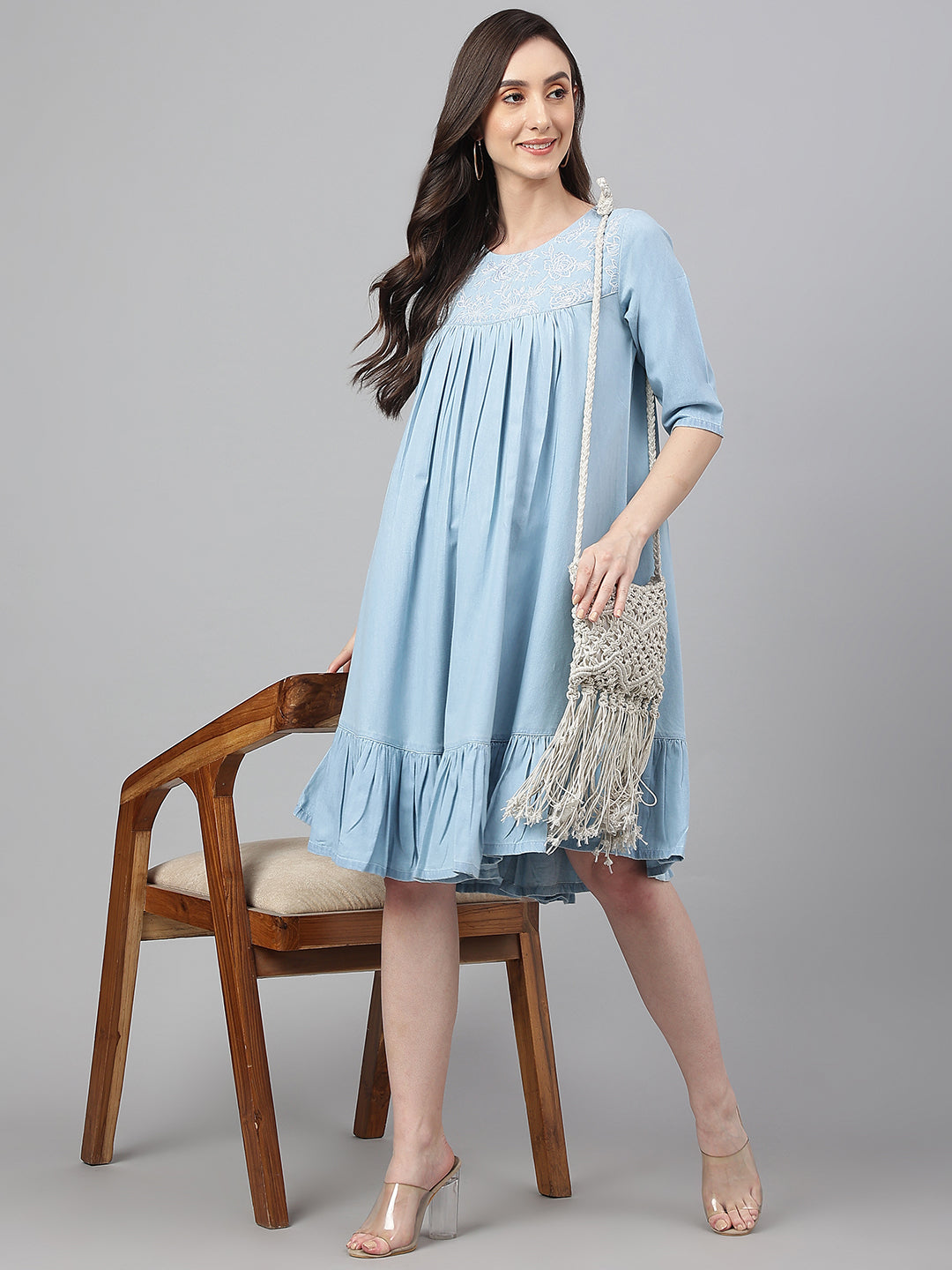 Janasya Women's Light Blue Denim Solid Flared Western Dress | Swadesiicart