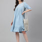 Janasya Women's Light Blue Denim Solid Flared Western Dress | Swadesiicart