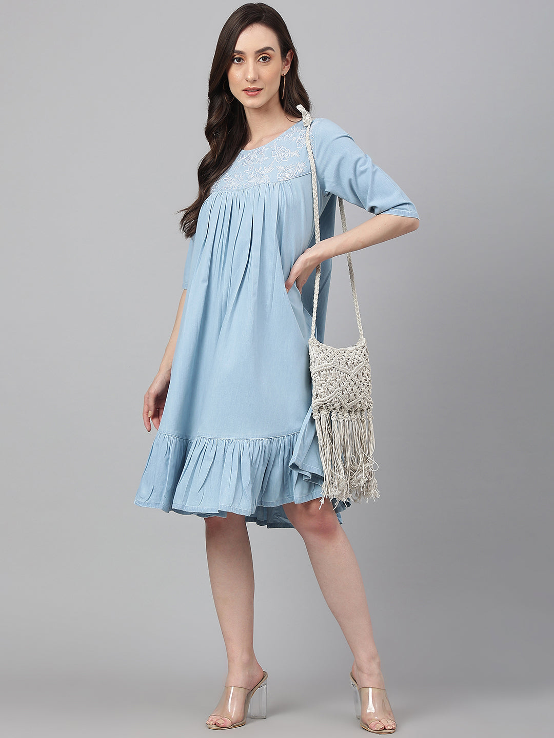 Janasya Women's Light Blue Denim Solid Flared Western Dress | Swadesiicart