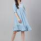 Janasya Women's Light Blue Denim Solid Flared Western Dress | Swadesiicart