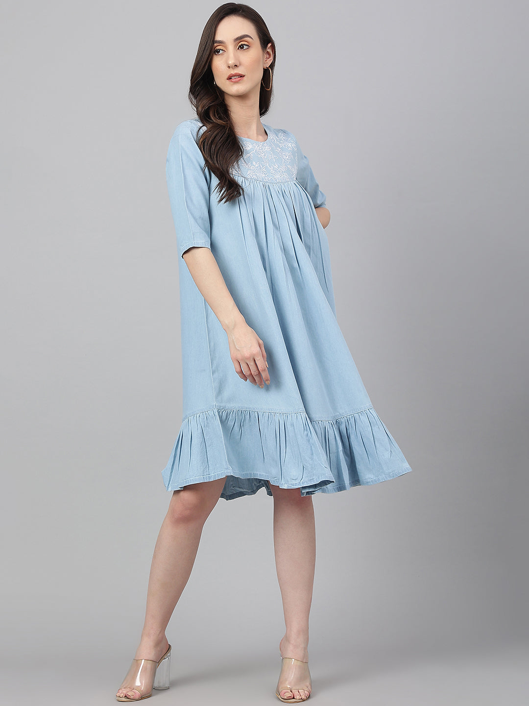 Janasya Women's Light Blue Denim Solid Flared Western Dress | Swadesiicart
