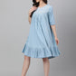 Janasya Women's Light Blue Denim Solid Flared Western Dress | Swadesiicart