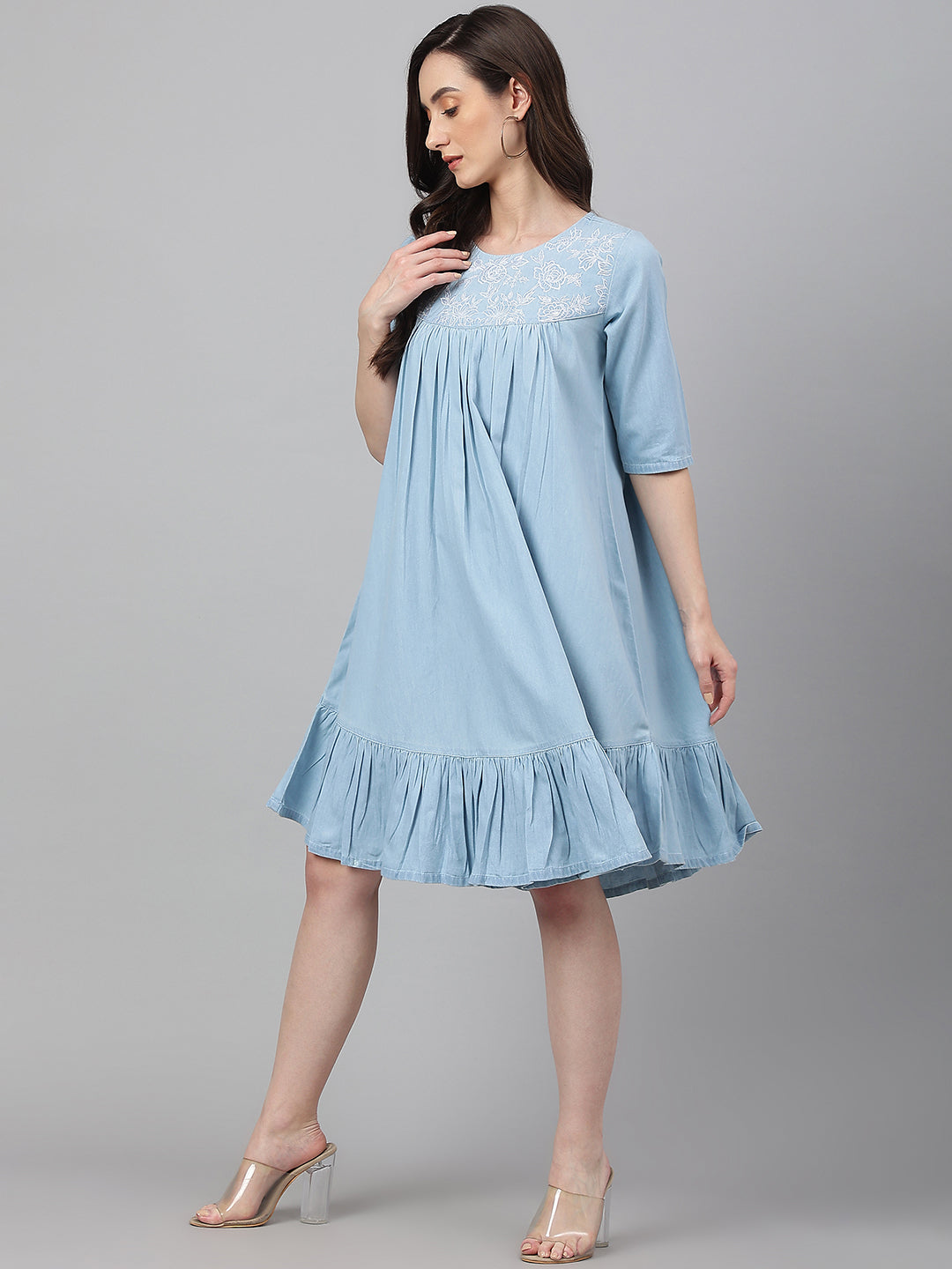 Janasya Women's Light Blue Denim Solid Flared Western Dress | Swadesiicart