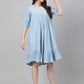 Janasya Women's Light Blue Denim Solid Flared Western Dress | Swadesiicart
