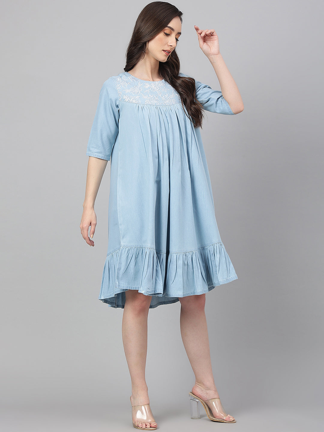 Janasya Women's Light Blue Denim Solid Flared Western Dress | Swadesiicart