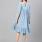 Janasya Women's Light Blue Denim Solid Flared Western Dress | Swadesiicart