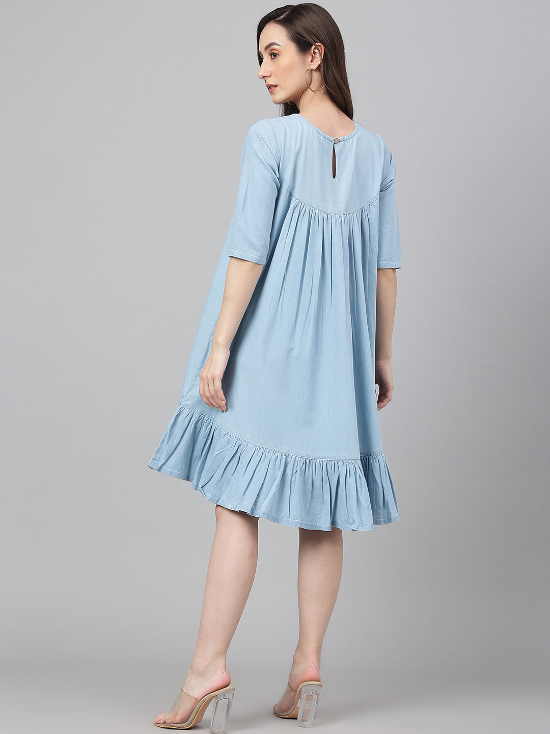 Janasya Women's Light Blue Denim Solid Flared Western Dress | Swadesiicart