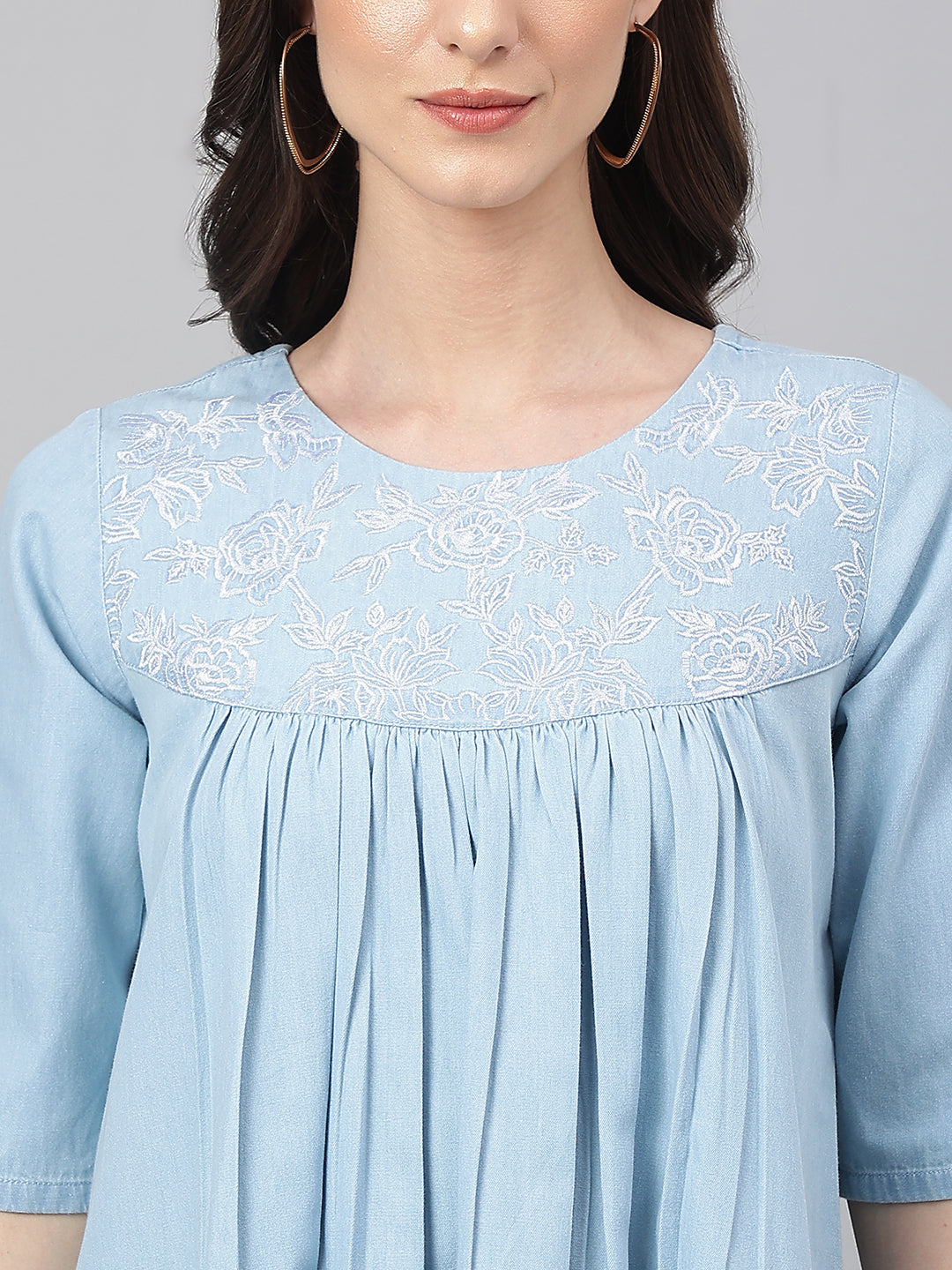 Janasya Women's Light Blue Denim Solid Flared Western Dress | Swadesiicart