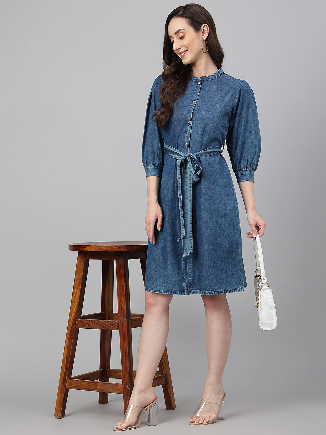 Janasya Women's Blue Denim Solid Straight Western Dress | Swadesiicart