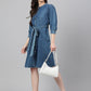 Janasya Women's Blue Denim Solid Straight Western Dress | Swadesiicart