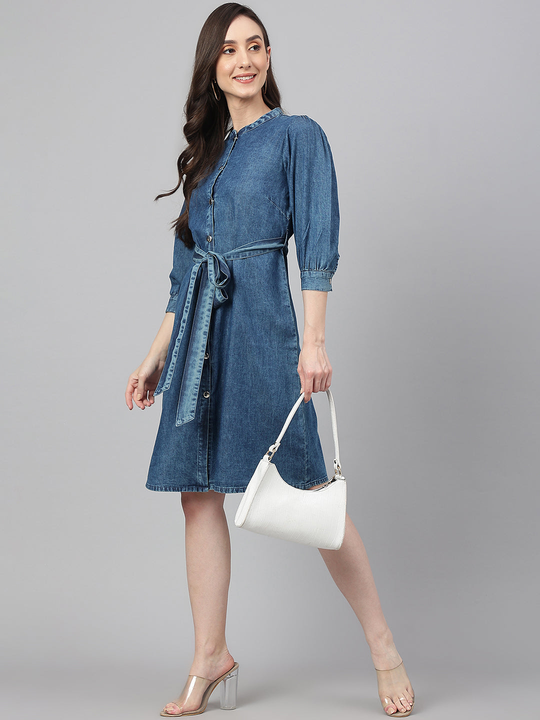 Janasya Women's Blue Denim Solid Straight Western Dress | Swadesiicart