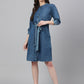 Janasya Women's Blue Denim Solid Straight Western Dress | Swadesiicart