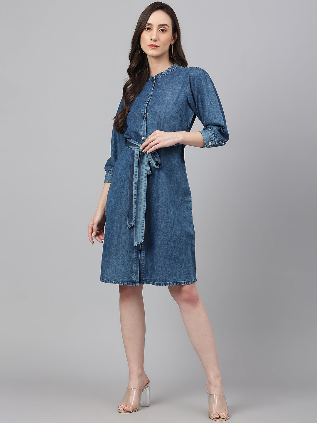 Janasya Women's Blue Denim Solid Straight Western Dress | Swadesiicart
