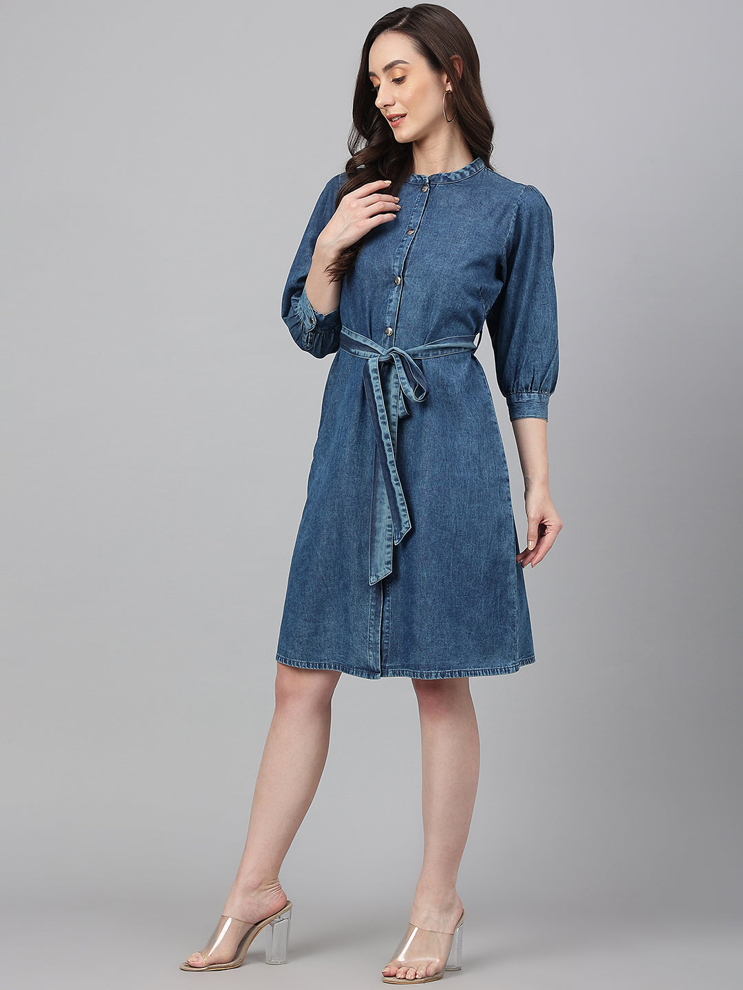 Janasya Women's Blue Denim Solid Straight Western Dress | Swadesiicart