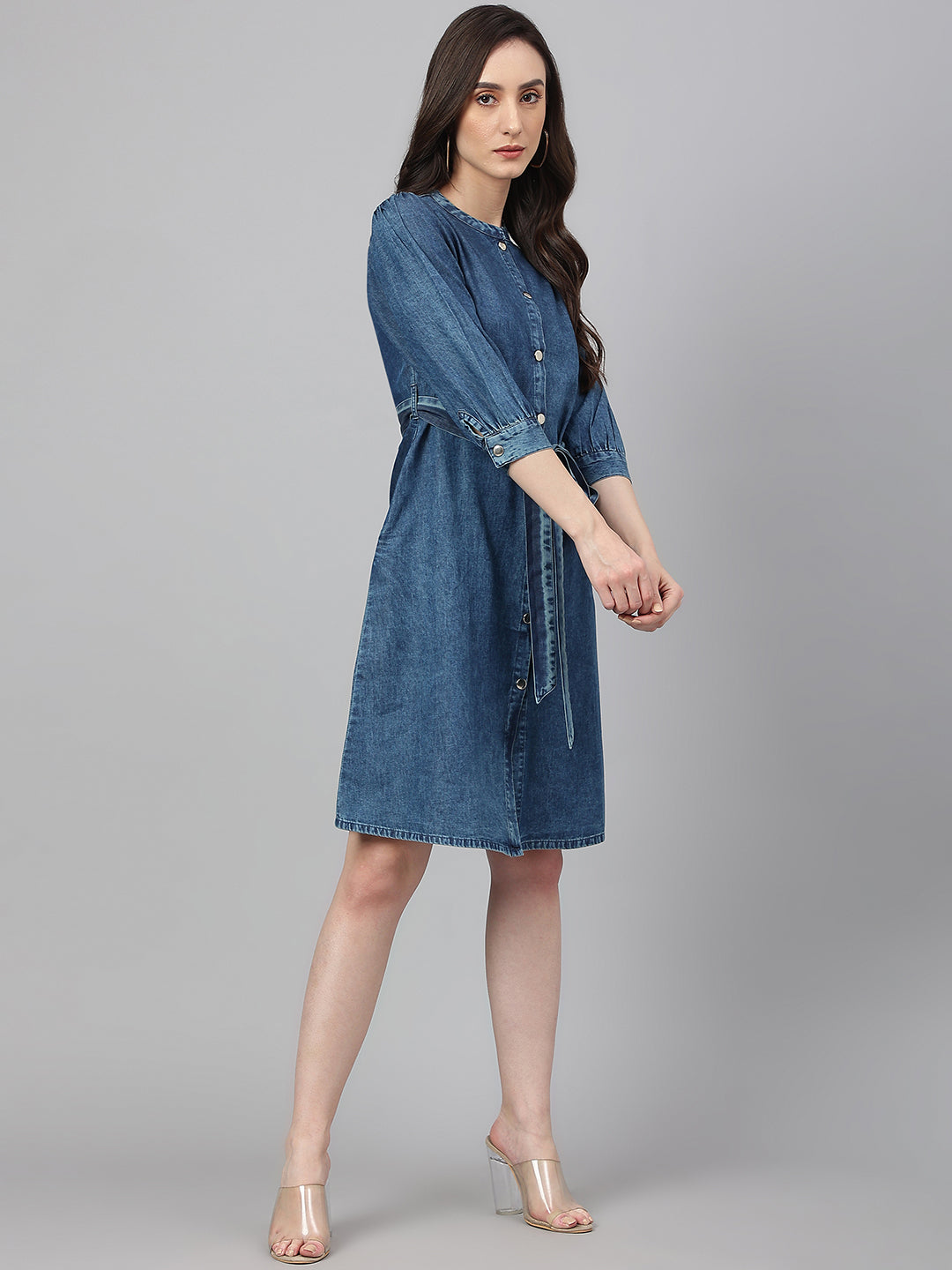Janasya Women's Blue Denim Solid Straight Western Dress | Swadesiicart